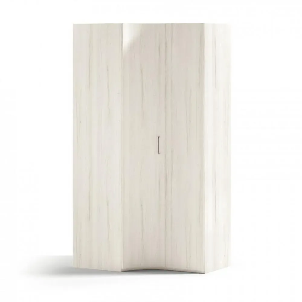Armoire d'angle porte courbe à gauche 134,7 x 240 cm finition chêne blanchis intérieur double