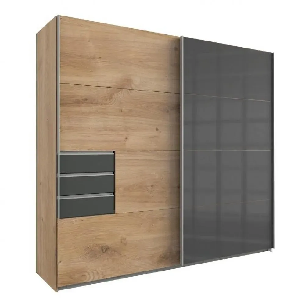 Armoire coulissante AMORA 225cm chêne poutre 3 tiroirs graphite porte sobre verre gris