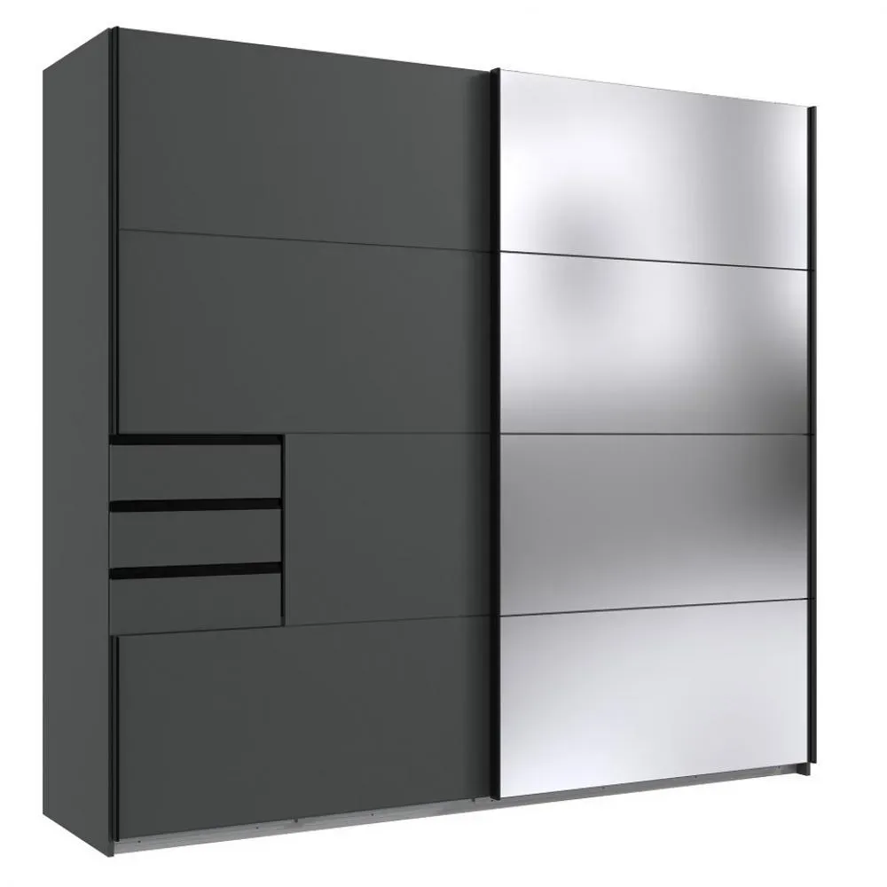 Armoire coulissante AMORA 225cm graphite 3 tiroirs porte sobre miroir