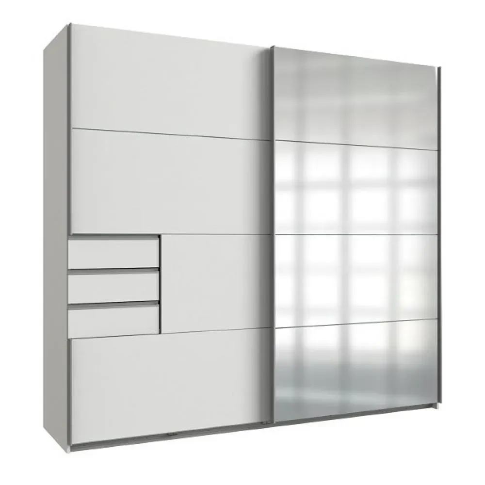 Armoire coulissante AMORA 225cm blanc 3 tiroirs porte sobre miroir
