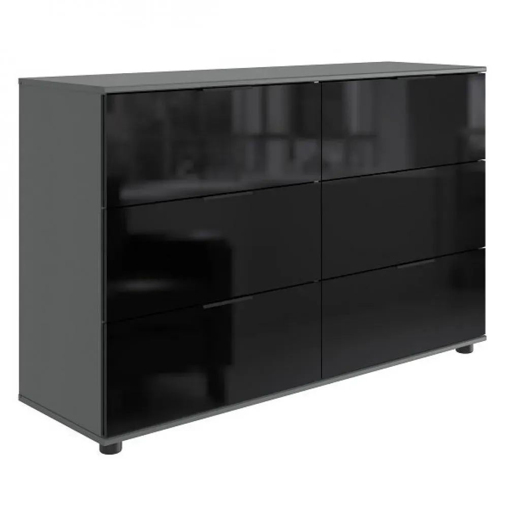 Commode  GRANA 6 tiroirs coloris graphite façade verre noir