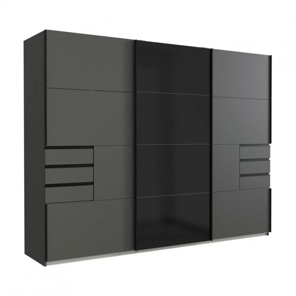 Armoire GRANA 3 portes coulissantes 6 tiroirs coloris graphite porte centrale verre noir