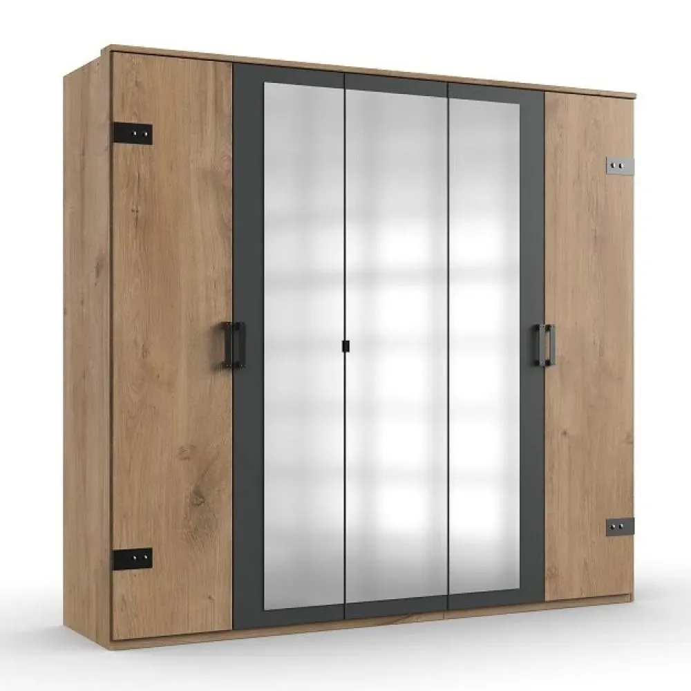 Armoire corniche STOKE 5 portes 3 miroirs corps imitation chêne poutre rechampis graphite