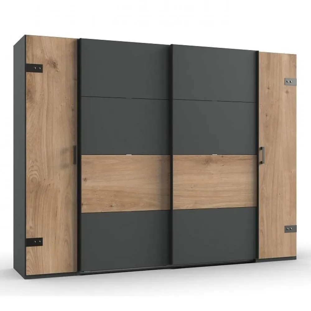 Armoire STOKE 2 portes coulissantes 2 portes battantes corps graphite rechampis chêne poutre