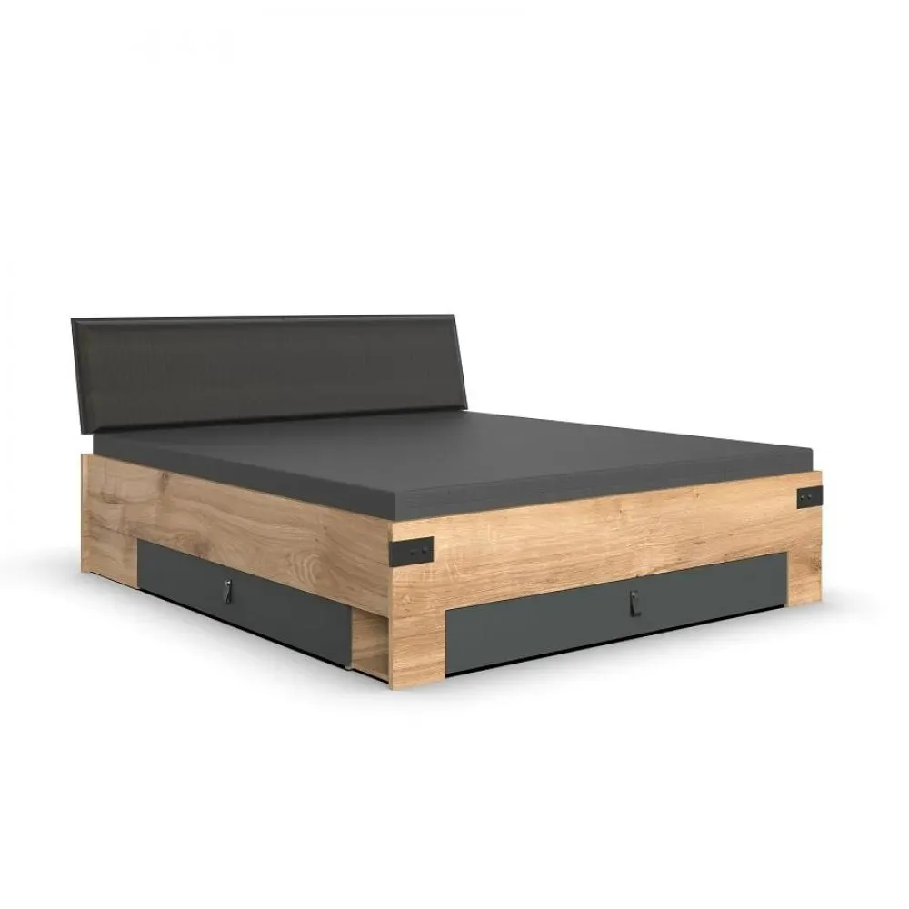 Lit 180 x 200 cm STOKE tête de lit rembourré  tiroirs compartiment abattants chêne poutre graphite