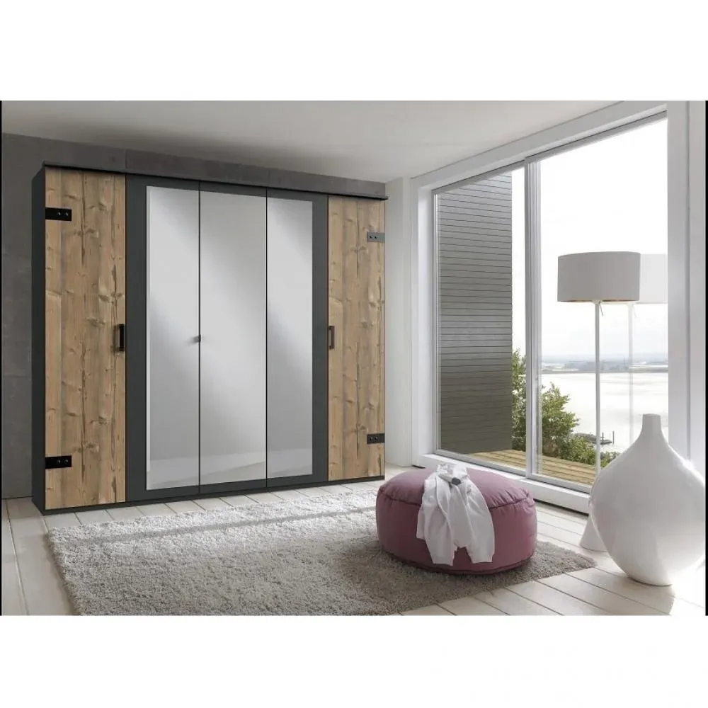 Armoire corniche STOKE 5 portes 3 miroirs corps graphite façade imitation sapin argenté graphite