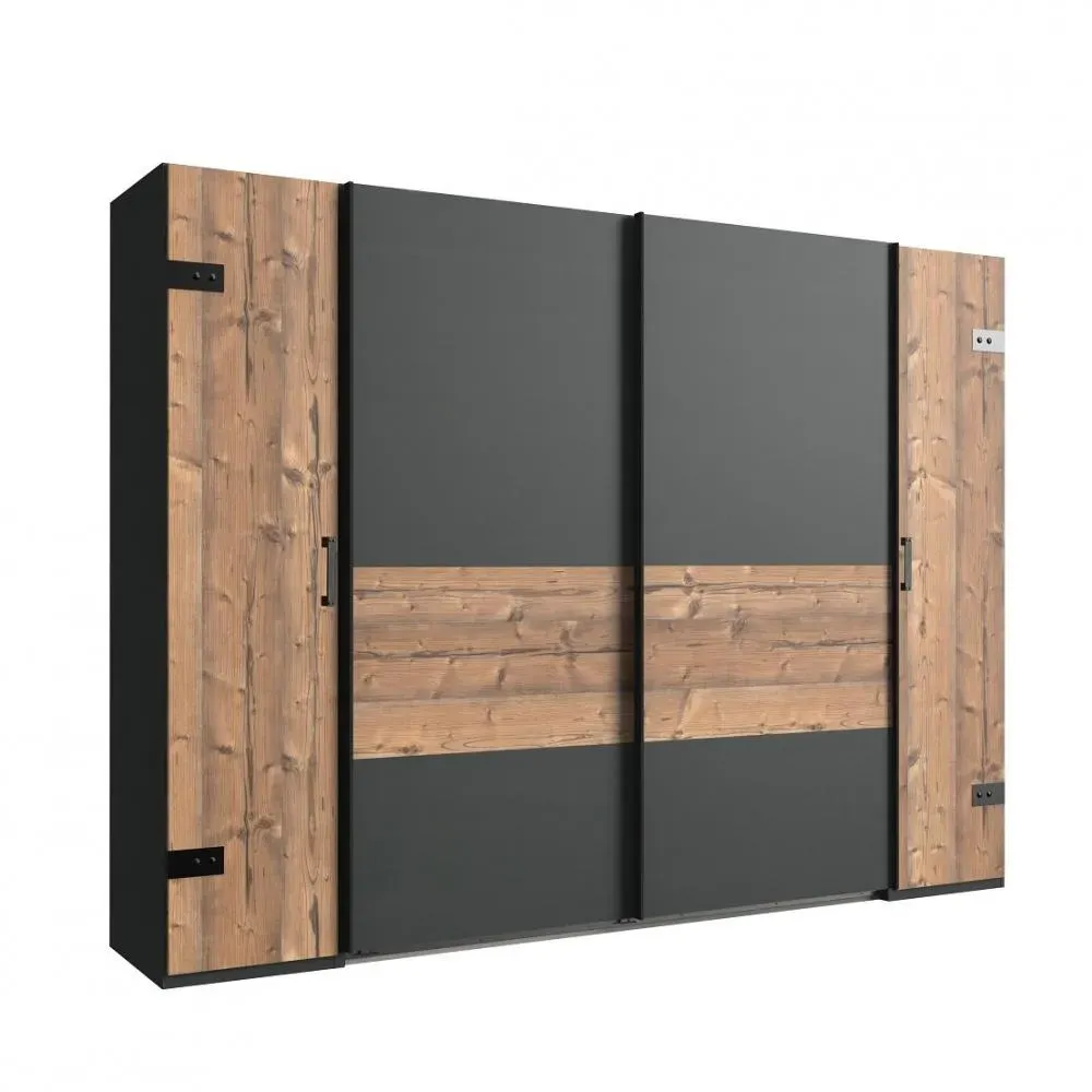 Armoire STOKE 2 portes coulissantes 2 portes battantes corps graphite rechampis sapin argenté