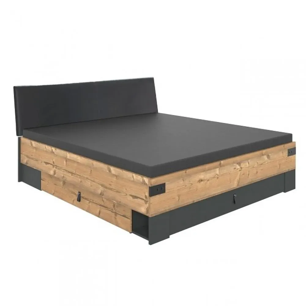 Lit 160 x 200 cm STOKE tête de lit rembourré  tiroirs compartiment abattants sapin argenté graphite