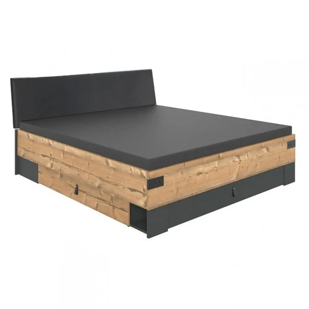 Lit 180 x 200 cm STOKE tête de lit rembourré  tiroirs compartiment abattants sapin argenté graphite