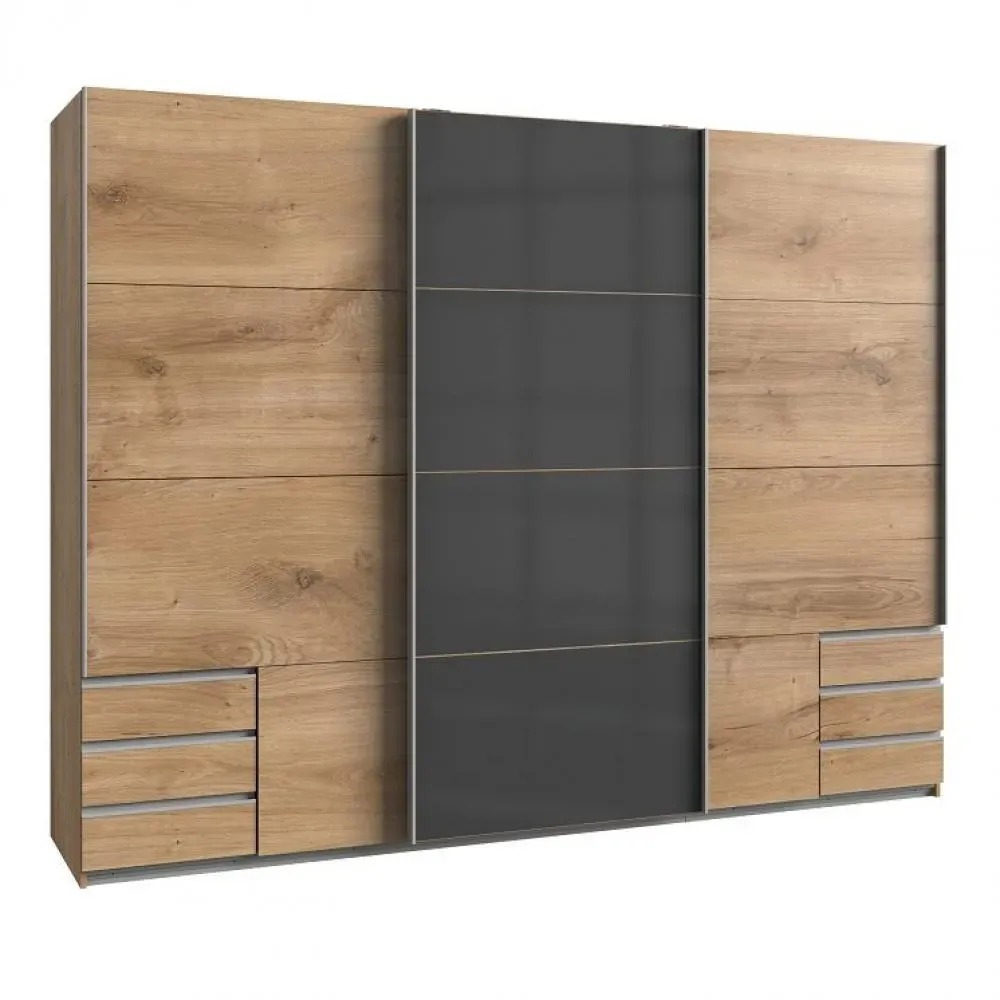 Armoire coulissante AURELIA 270cm chêne Flagstaff 6 tiroirs porte verre gris