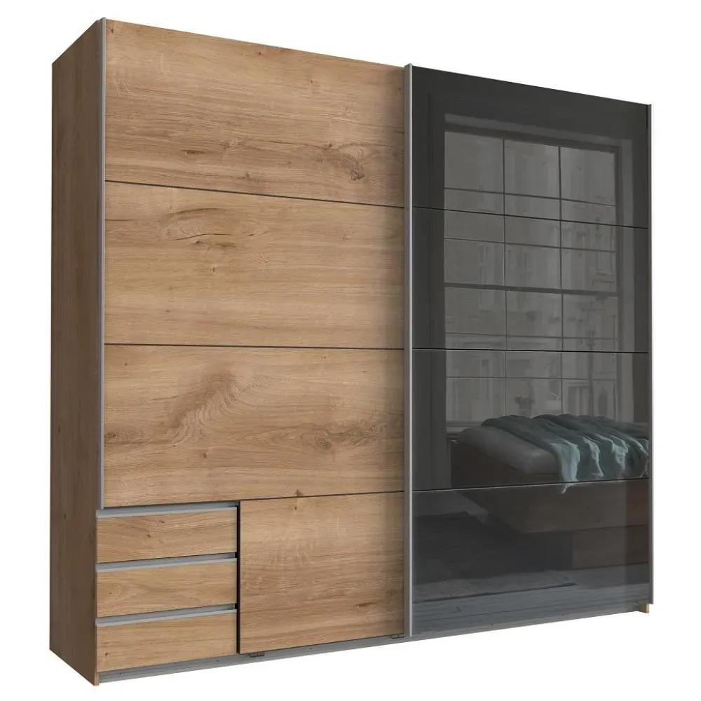 Armoire coulissante AURELIA 225cm chêne poutre 3 tiroirs porte verre gris