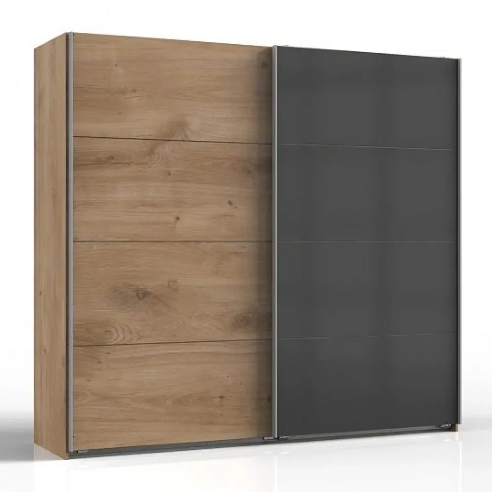 Armoire coulissante AURELIA 225cm chêne poutre porte verre gris