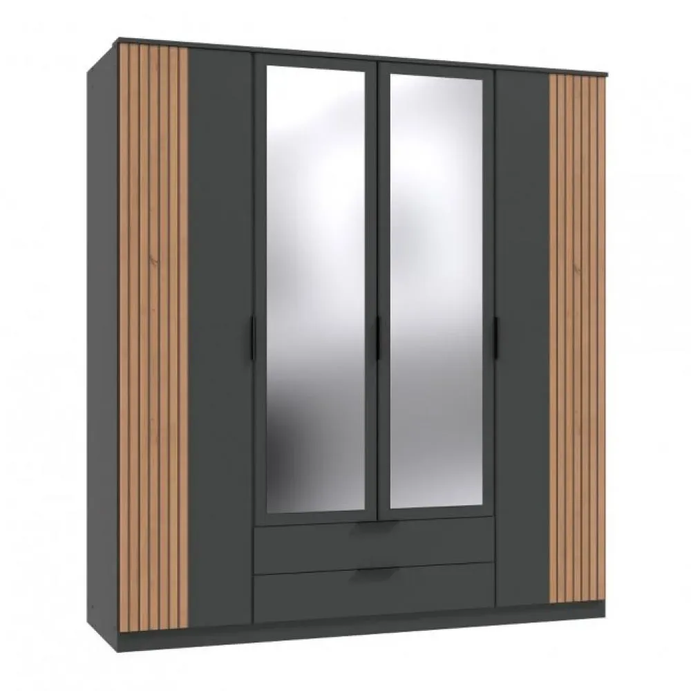 Armoire BELOU 5 portes 2 miroirs 2 tiroirs décor graphite rechampis aspect clayettes chêne artisan