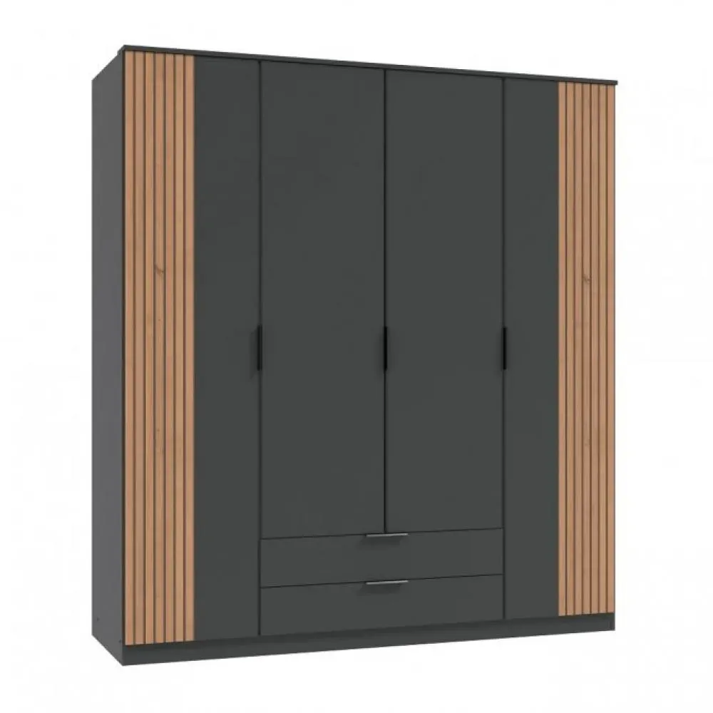 Armoire avec corniche BELOU 5 portes 2 tiroirs décor graphite rechampis aspect clayettes chêne artisan
