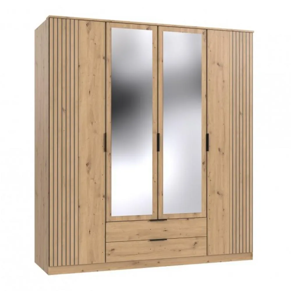 Armoire avec corniche BELOU 5 portes 2 miroirs 2 tiroirs décor chêne artisan rechampis aspect clayettes