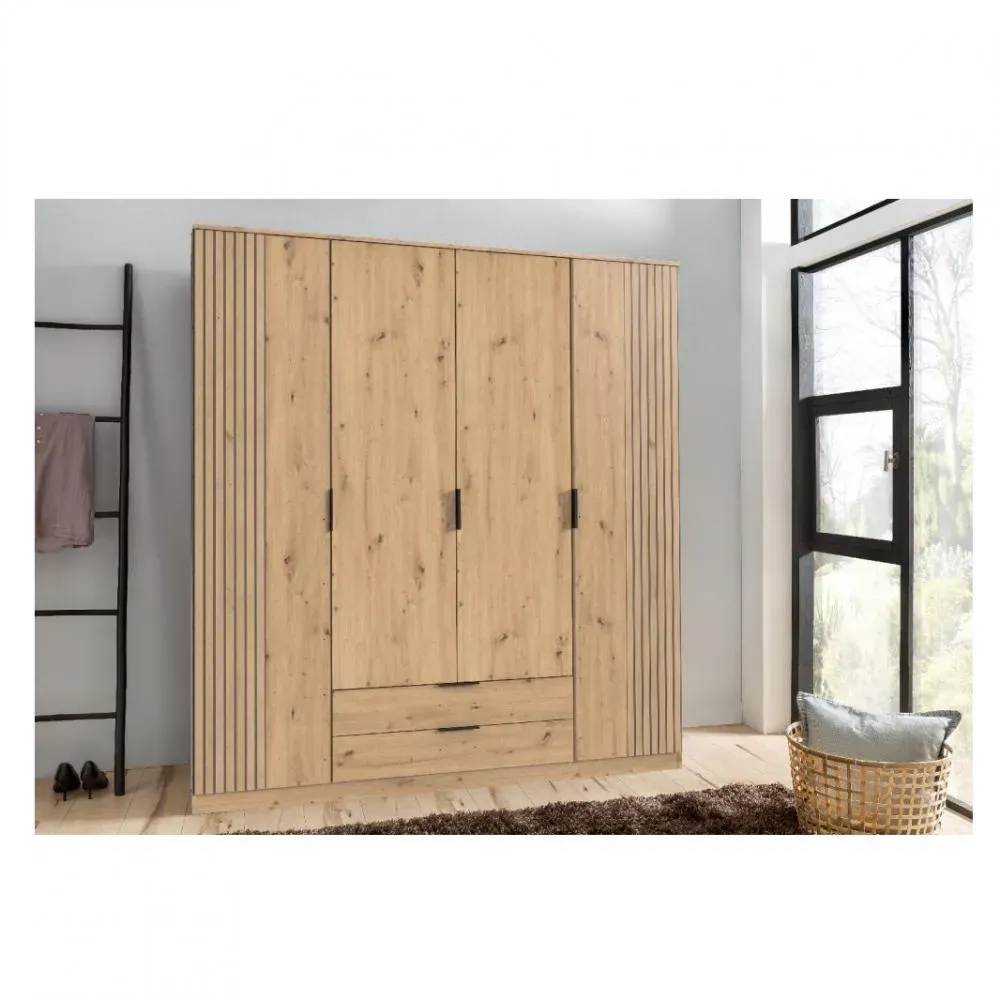 Armoire avec corniche BELOU 5 portes 2 tiroirs décor chêne artisan rechampis aspect clayettes