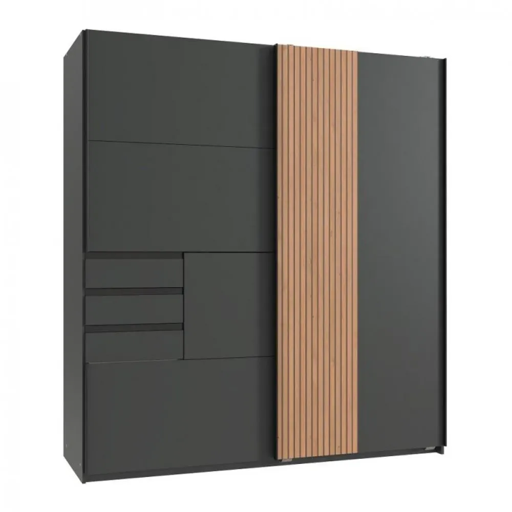 Armoire CYBORG 2 portes coulissantes 3 tiroirs décor graphite rechampis aspect clayettes chêne artisan