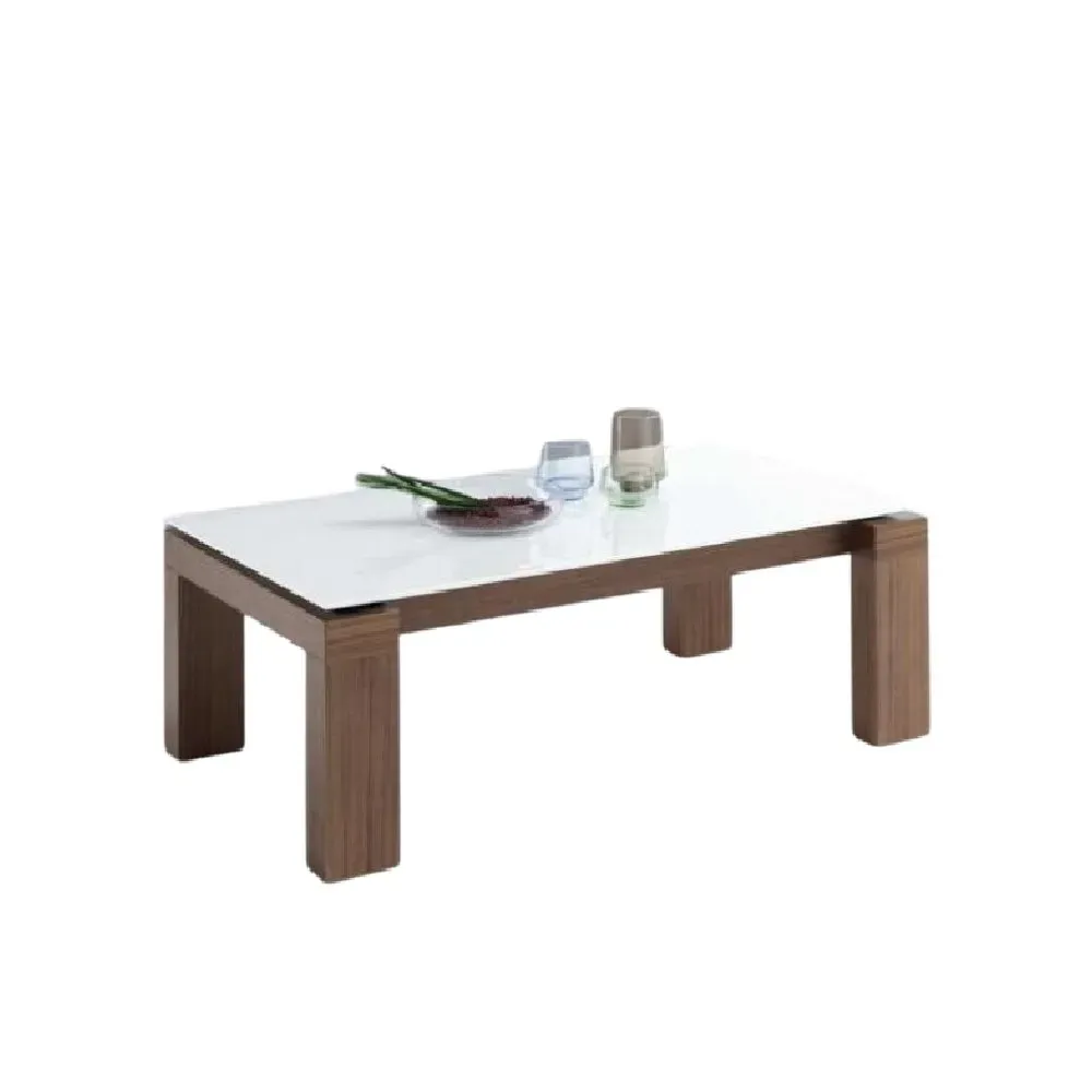 Table basse relevable 115 x 65 cm ARMONIA pieds noyer plateau verre blanc