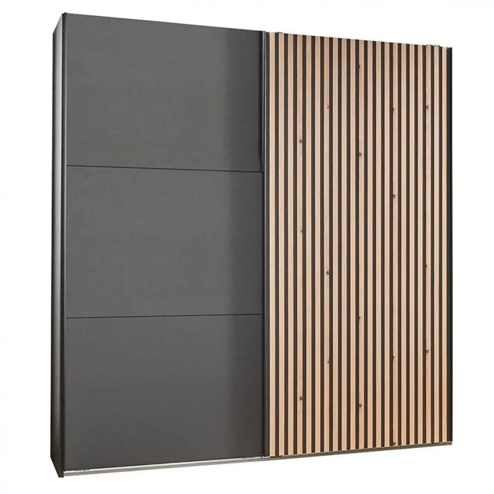 Armoire coulissante PRISMA 200cm graphite rechampis lamelles imitation chêne artisan