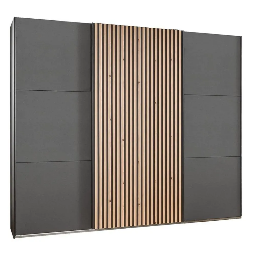 Armoire coulissante PRISMA 250cm graphite rechampis lamelles imitation chêne artisan