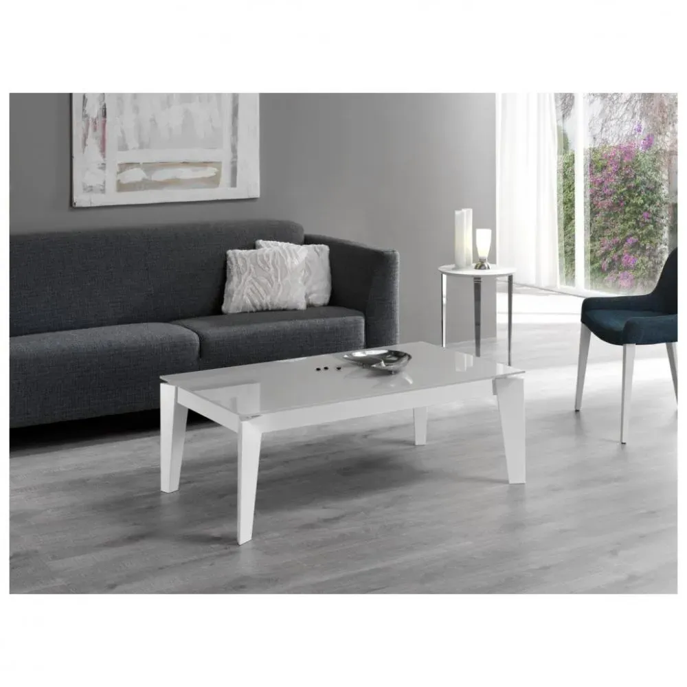 Table basse relevable GEO 115 x 65 x 40 cm  pieds blancs plateau verre blanc