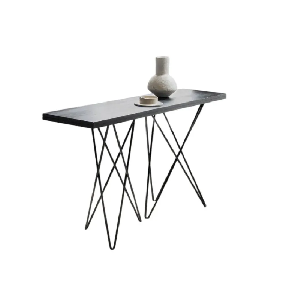 Table console extensible ouverture en livre HERMES pieds métal plateau noir largeur 140cm