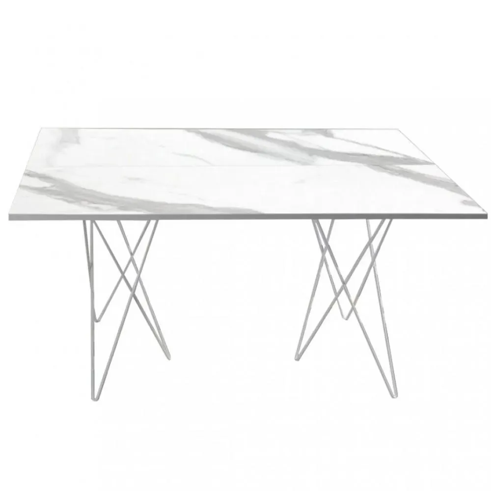 Table console extensible ouverture en livre HERMES pieds métal plateau marbre blanc largeur 140cm