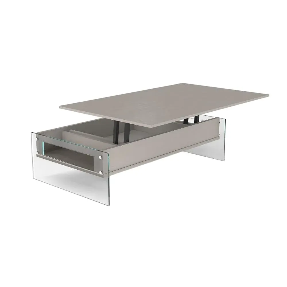 Table basse relevable BELLA 110x70x40/65cm piétement verre plateau stratifié gris tourterelle