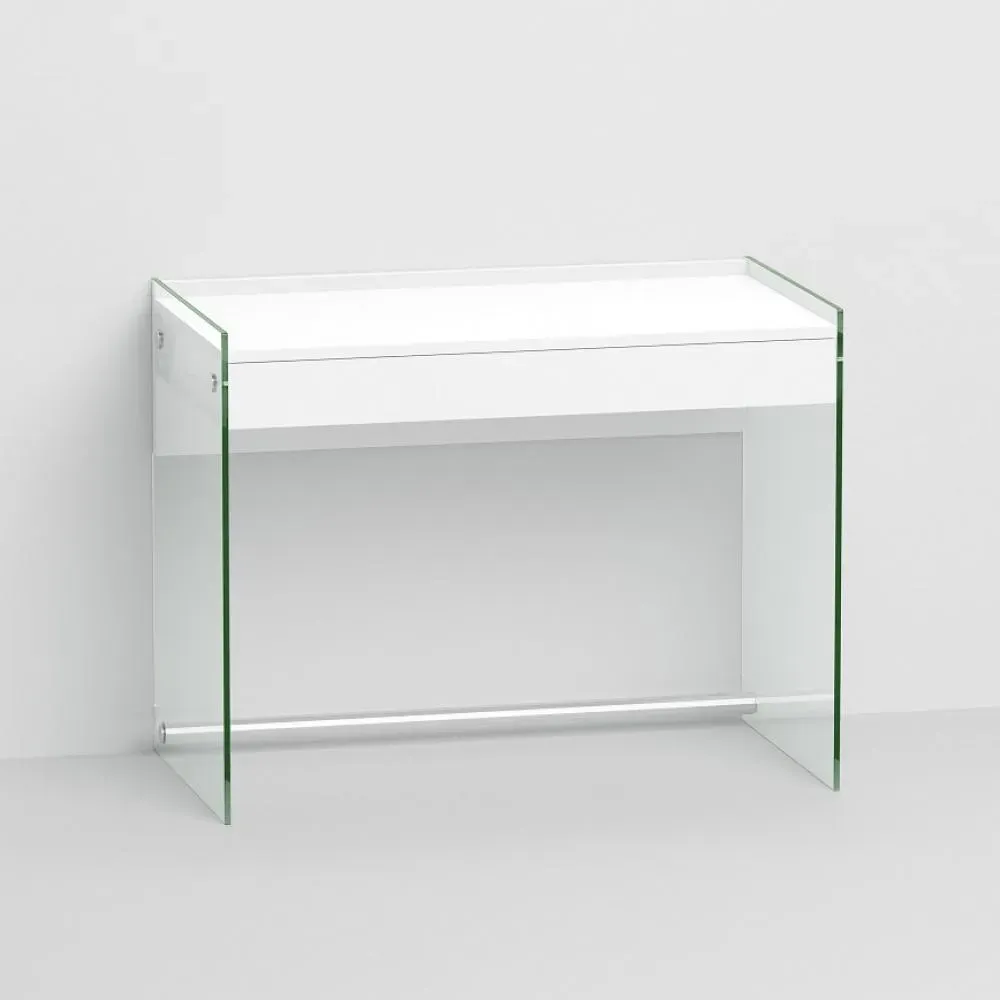 Bureau MYDESK piétement verre clair étagères et tiroir stratifié blanc mat