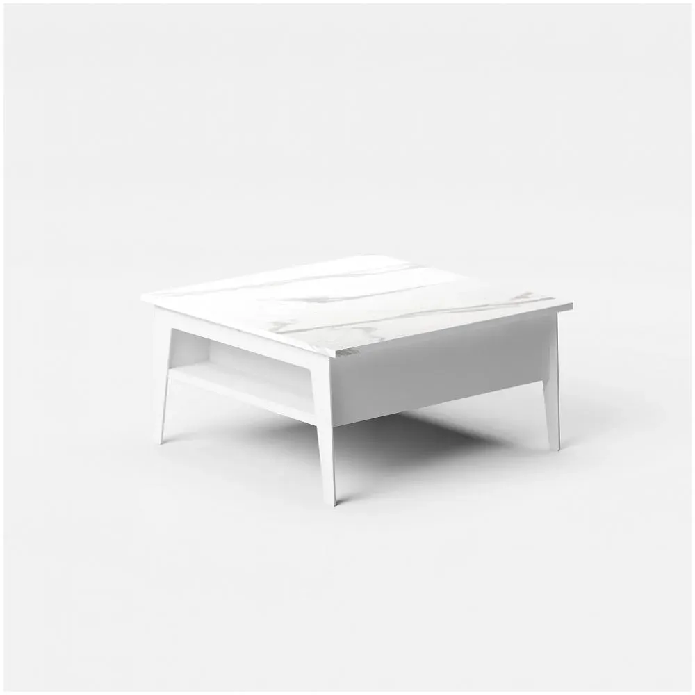 Table basse relevable BRIGHTON 80x70x40/65cm cadre stratifié marbre blanc pieds métal