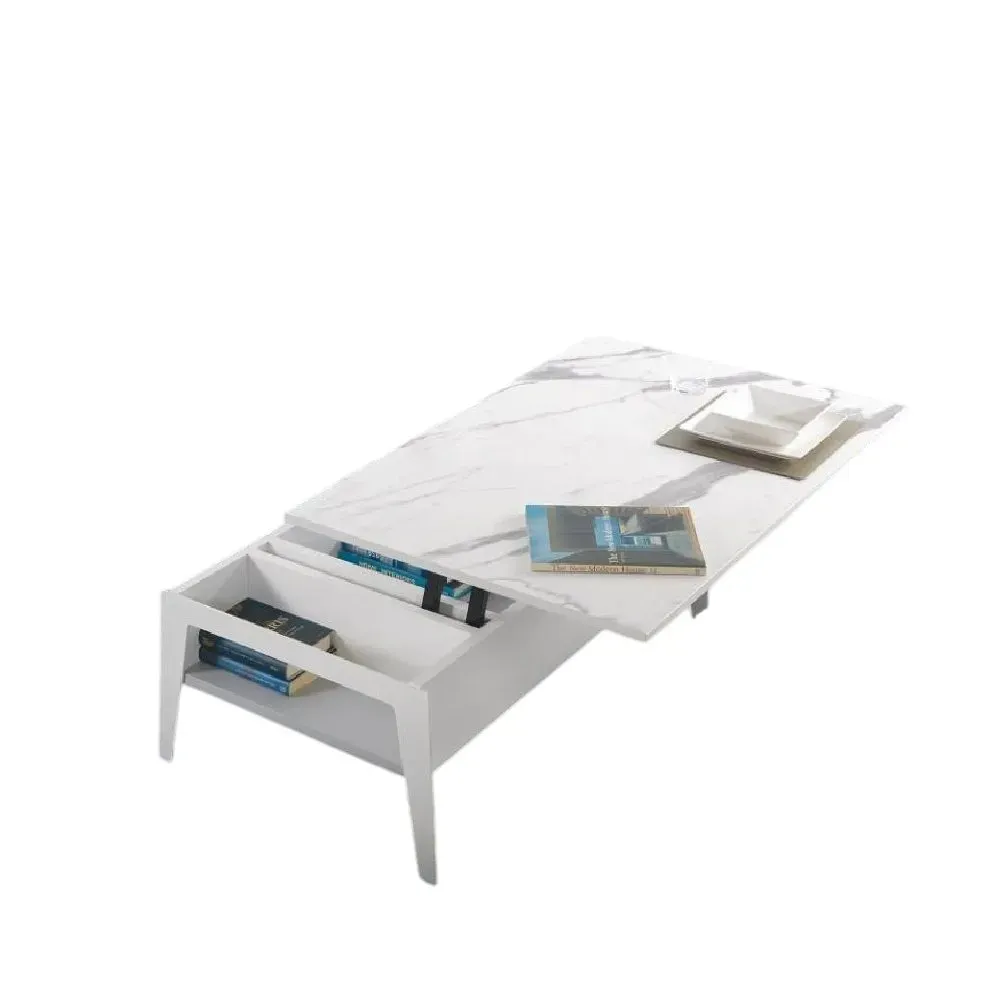 Table basse relevable BRIGHTON 110x70x40/65cm cadre stratifié marbre blanc pieds métal