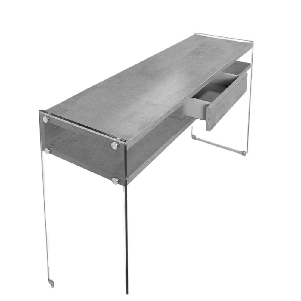 Table console MAYA piétement verre transparent plateau stratifié gris béton