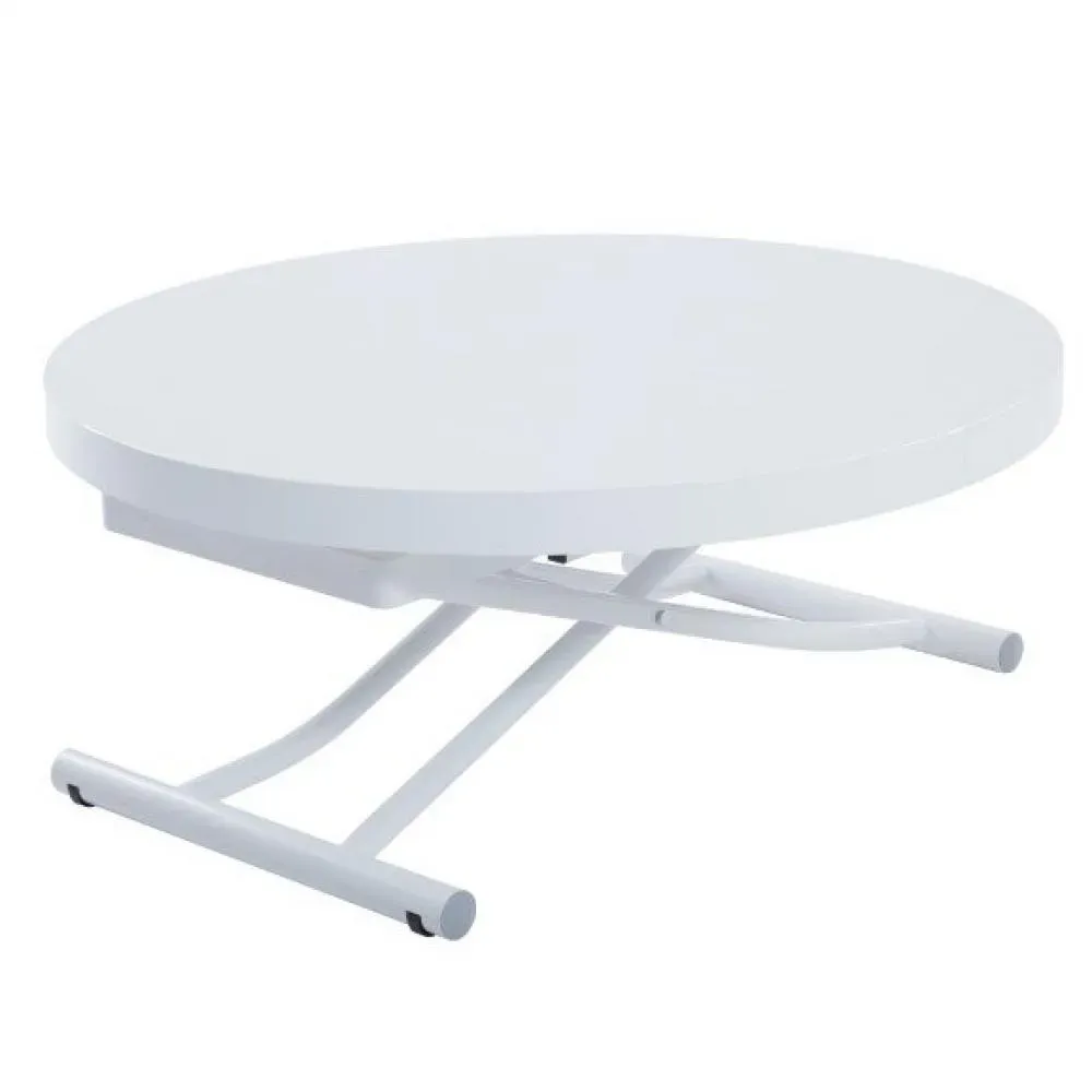 Table basse ronde relevable et extensible SATURNA laqué blanc brillant