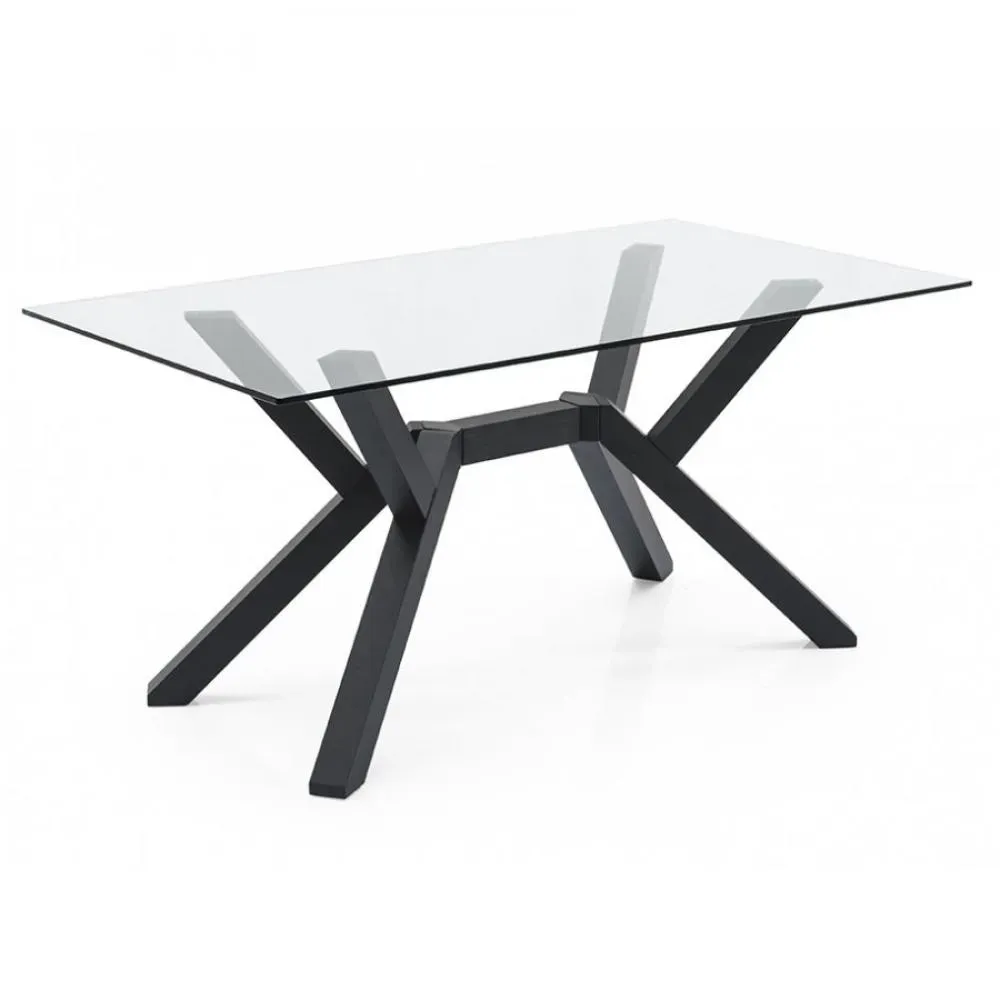 Table repas 6 couverts MIKADO 160 cm base bois noir plateau verre trempé