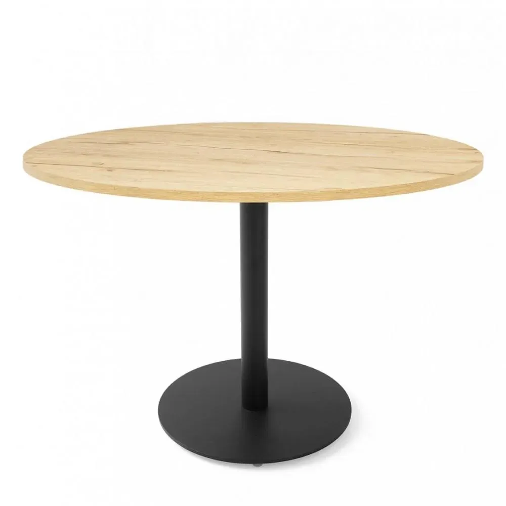 Table repas rond 5 couverts COKTAIL base métal noir plateau mélaminé chêne