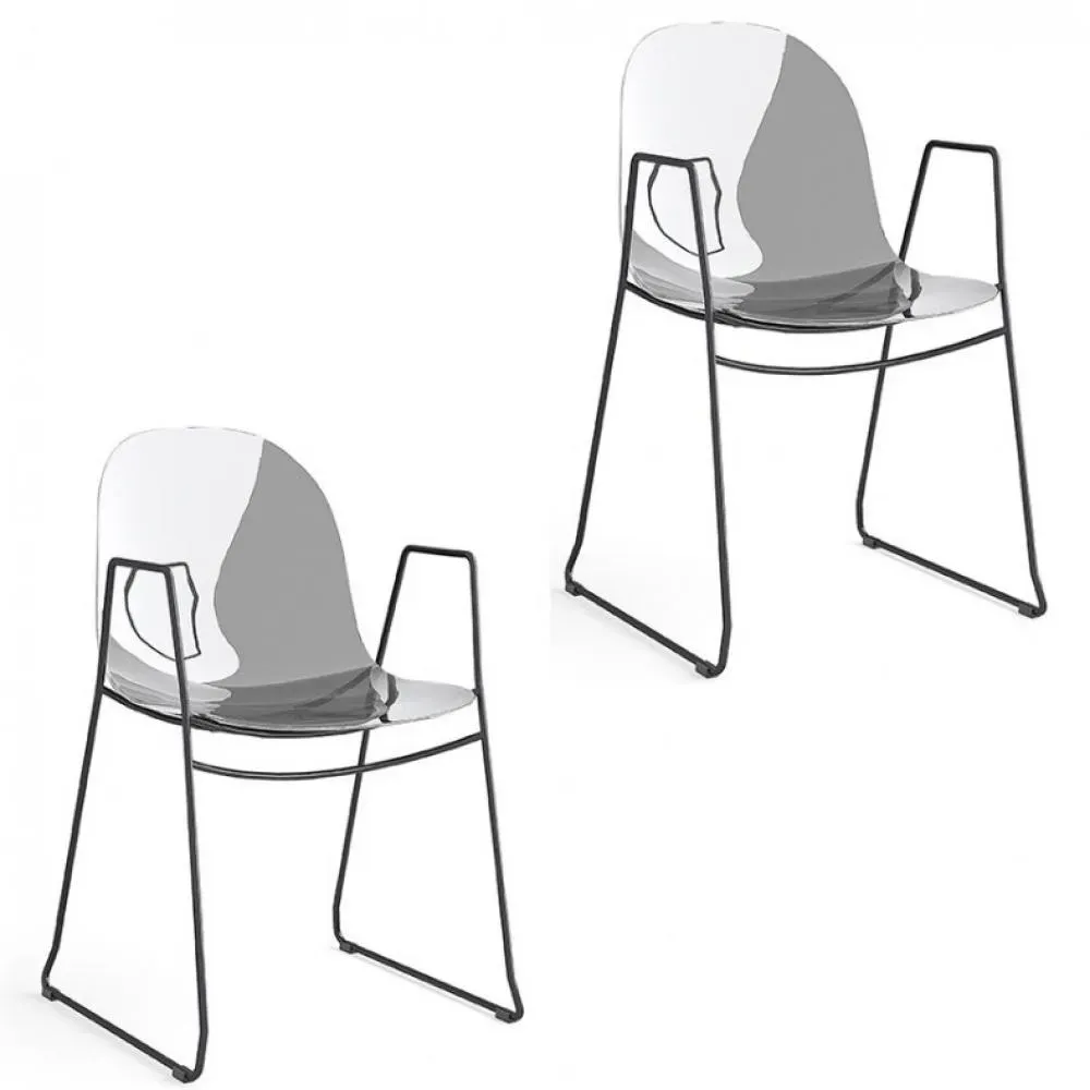 Lot de 2 Chaises avec accoudoirs  ACADEMY pieds métal assise plastique gris transparent