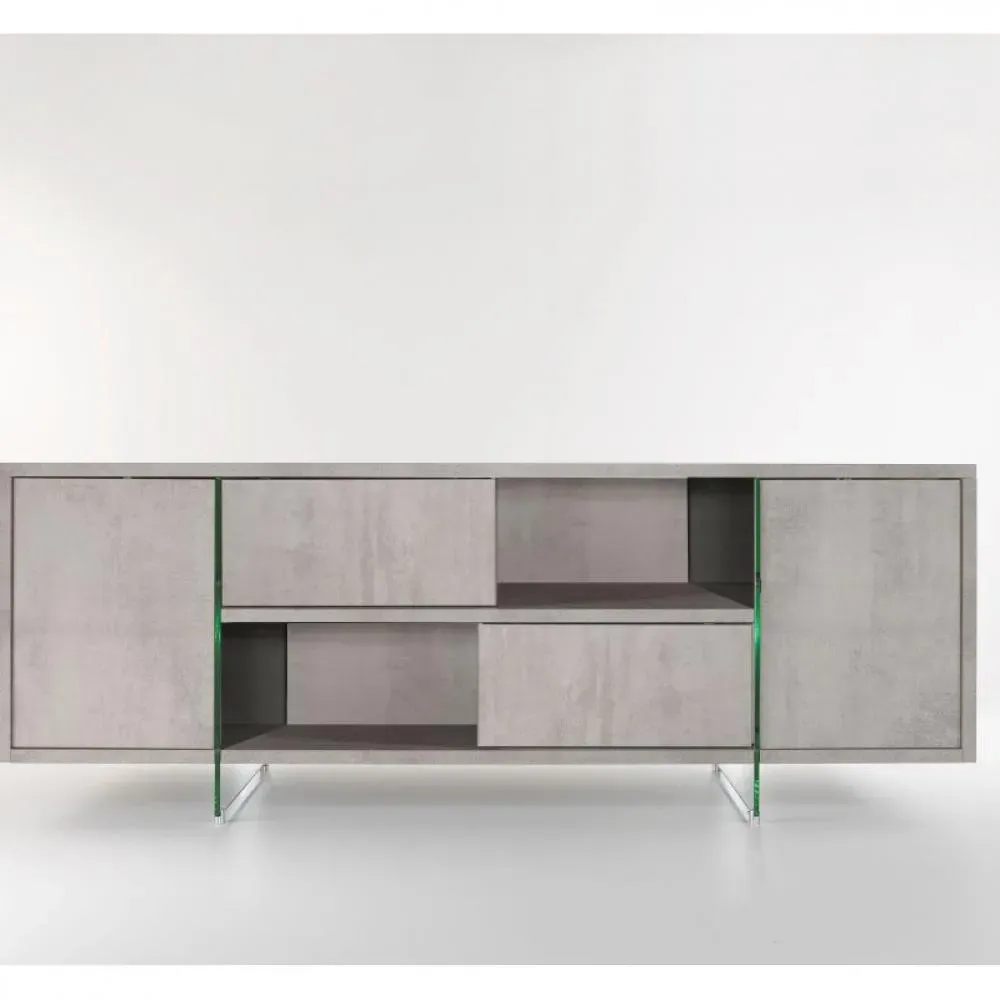 Buffet/Meuble TV design MADY 180cm gris béton  portes coulissantes et piètement en verre