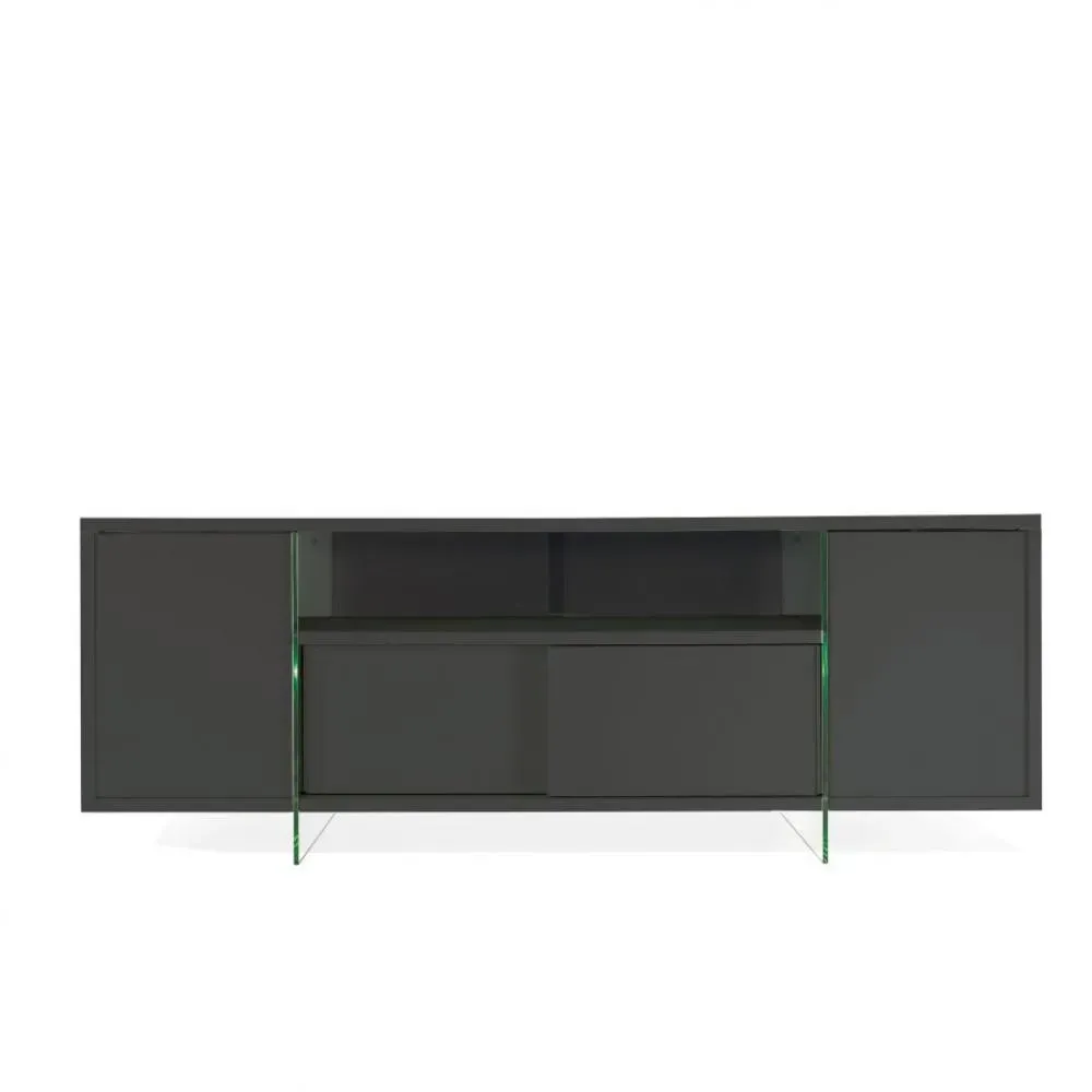 Meuble TV design MARCO POLO 180cm Gris ardoise  portes coulissantes et piètement en verre