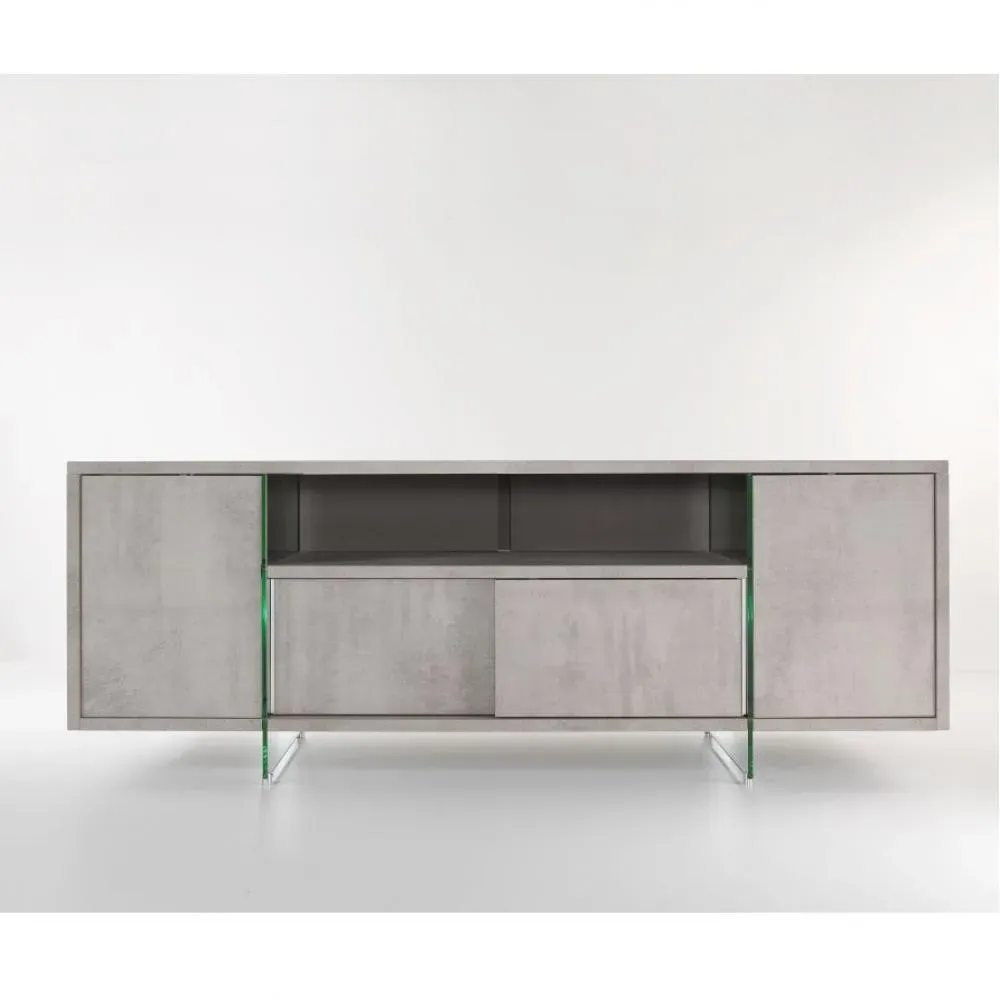 Meuble TV design MARCO POLO 180cm gris béton  portes coulissantes et piètement en verre