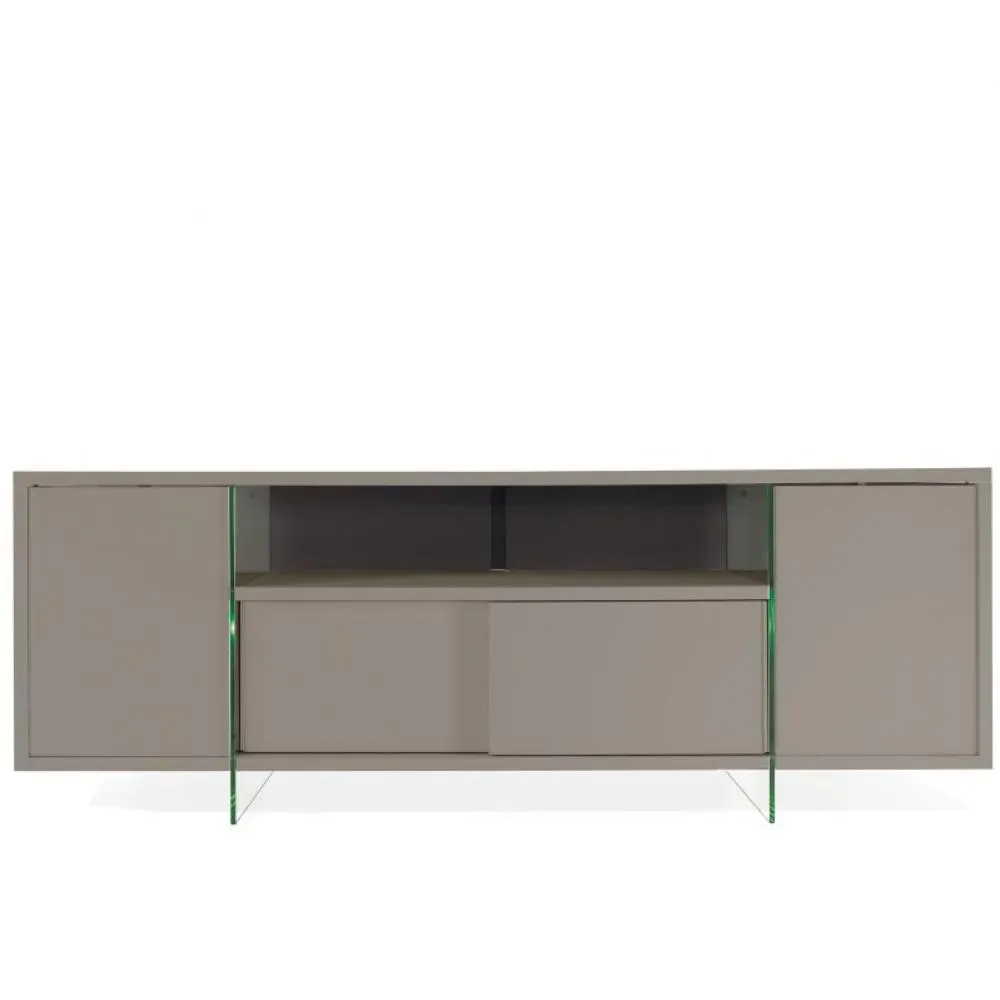 Meuble TV design MARCO POLO 180cm Gris Taupe  portes coulissantes et piètement en verre