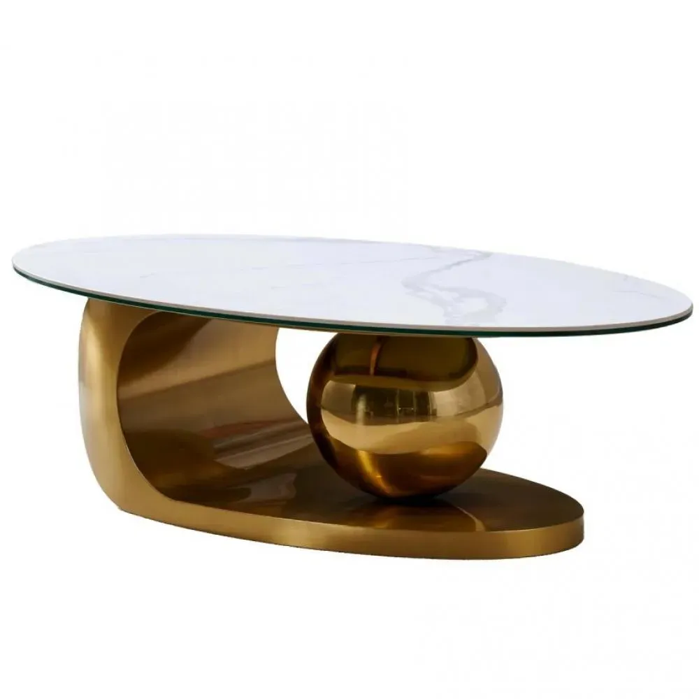 Table basse design BOWL GOLD 120 base métal doré plateau marbre blanc