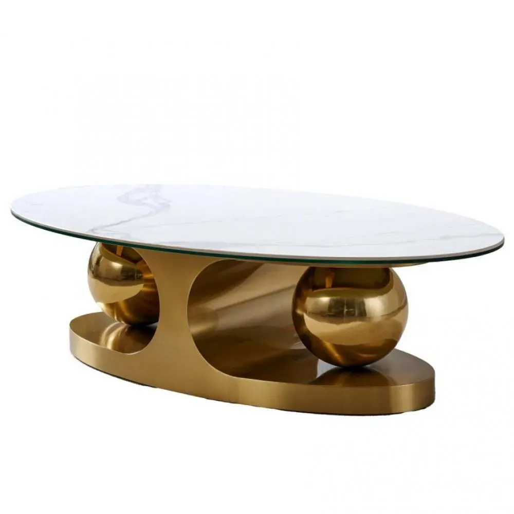 Table basse design SPHERE GOLD 130 base métal doré plateau marbre blanc