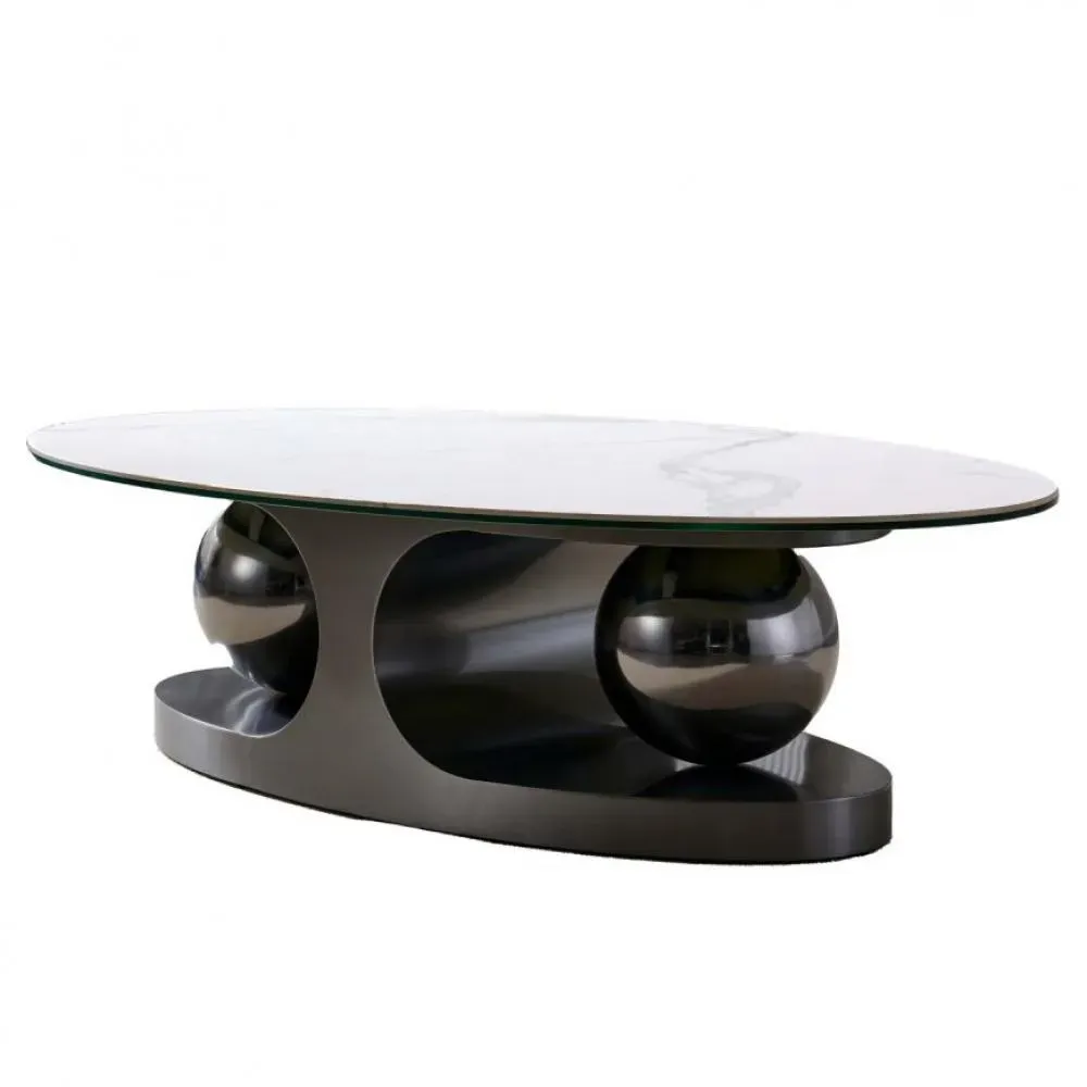 Table basse design SPHERE BLACK NICKEL 130 base métal noir plateau marbre blanc