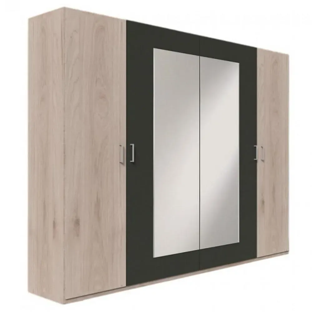 Armoire 4 portes 2 miroirs ANGIE 225 cm chêne hickory et graphite