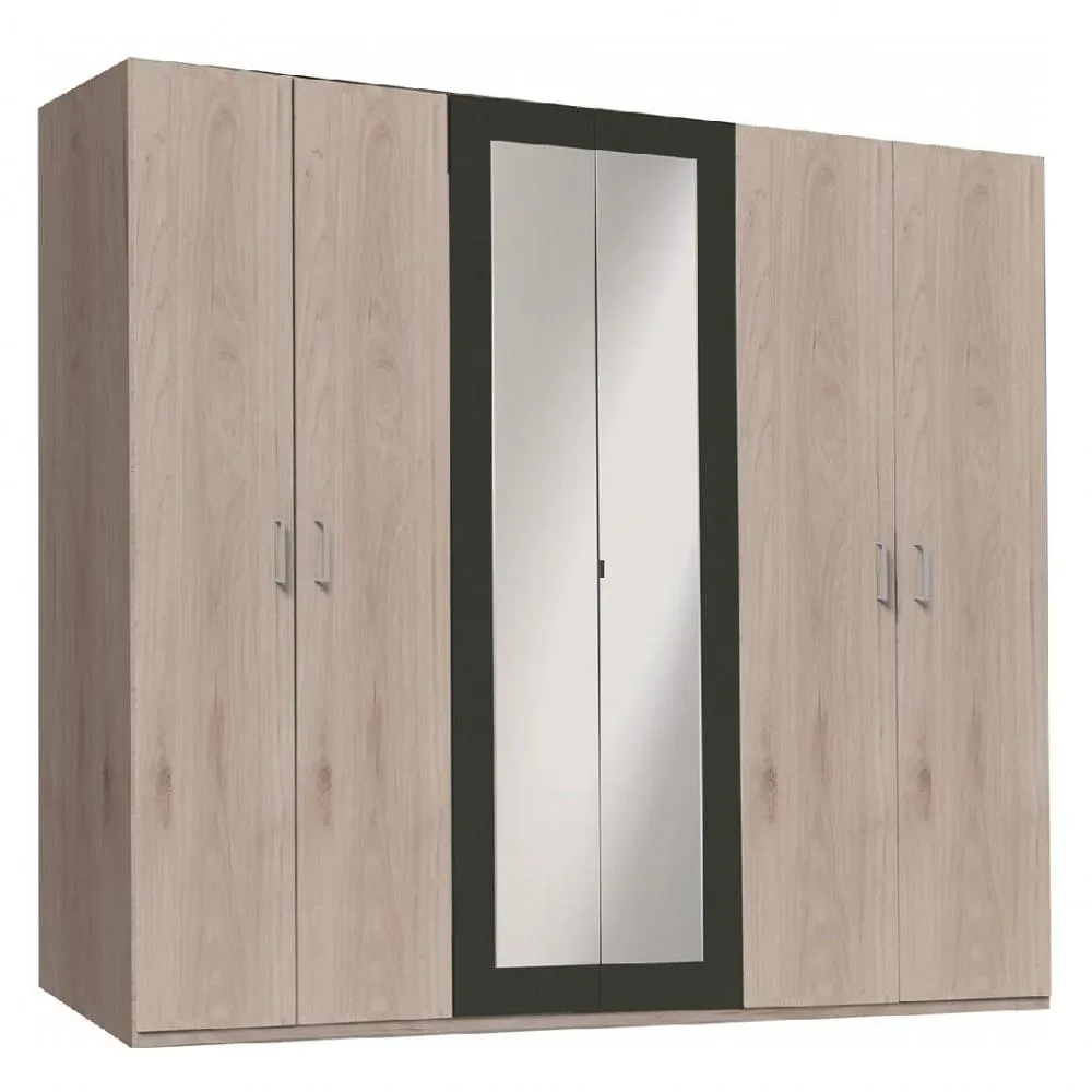Armoire 6 portes 2 miroirs ANGIE 270 cm chêne hickory et graphite