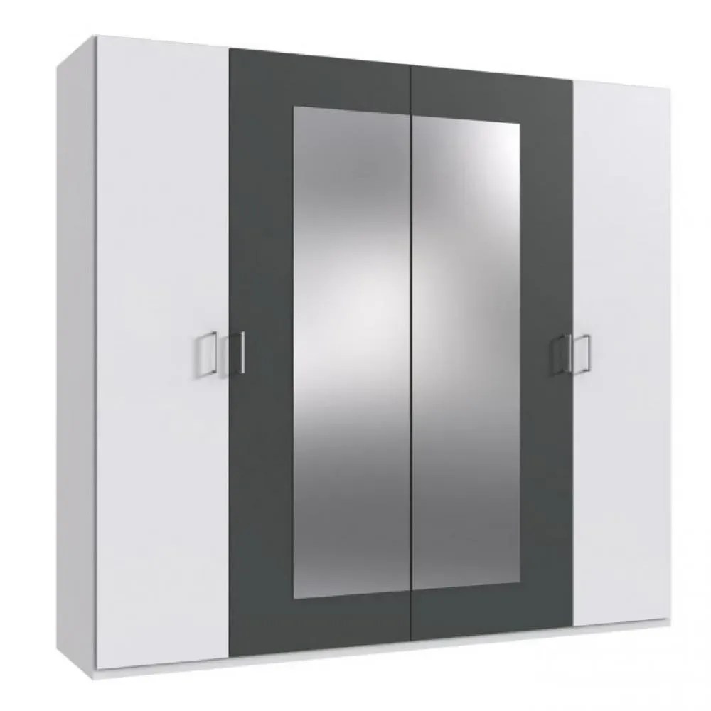 Armoire 4 portes 2 miroirs ANGIE 225 cm blanc et graphite