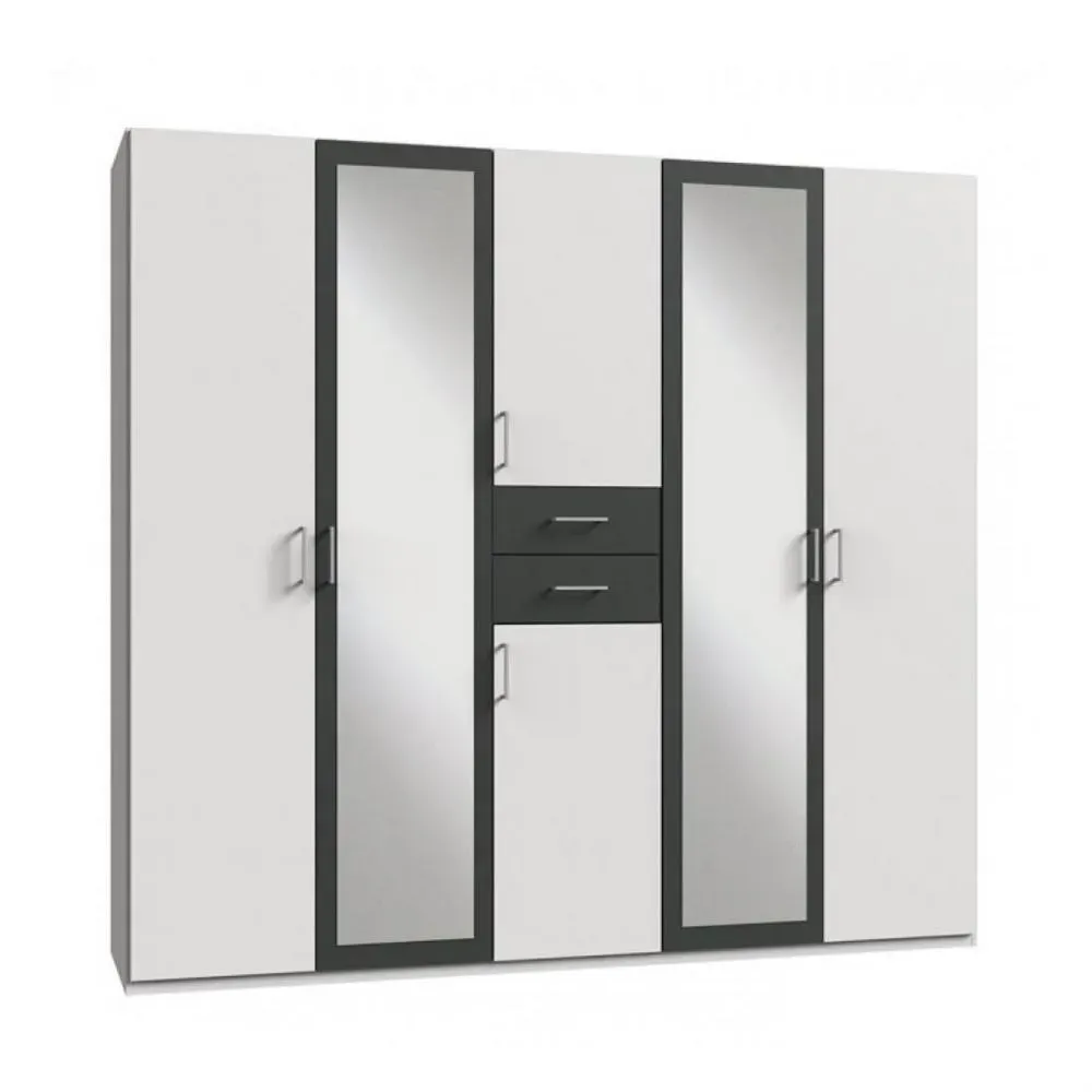 Armoire 4 portes blancs 2 portes miroirs DIVER 225 cm 2 tiroirs graphites