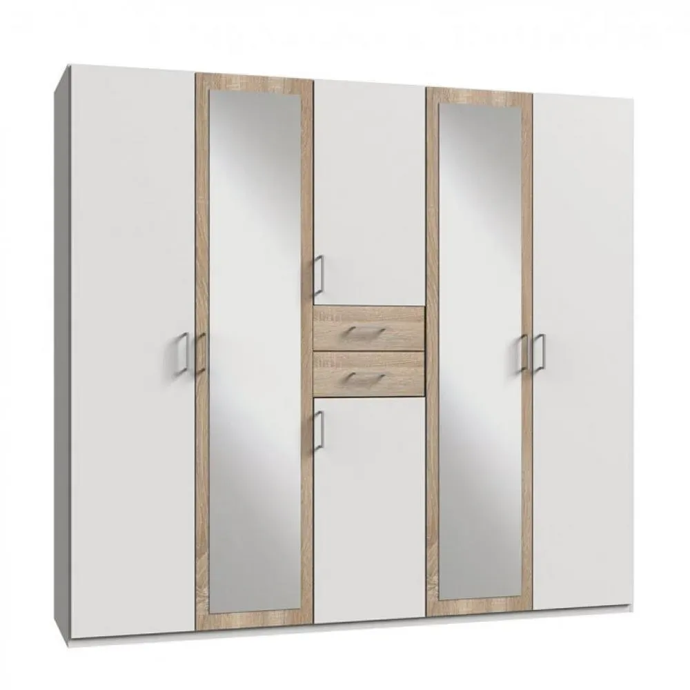 Armoire 4 portes blancs 2 portes miroirs DIVER 225 cm 2 tiroirs chênes