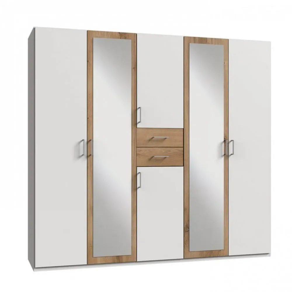Armoire 4 portes blancs 2 portes miroirs DIVER 225 cm 2 tiroirs chênes poutres