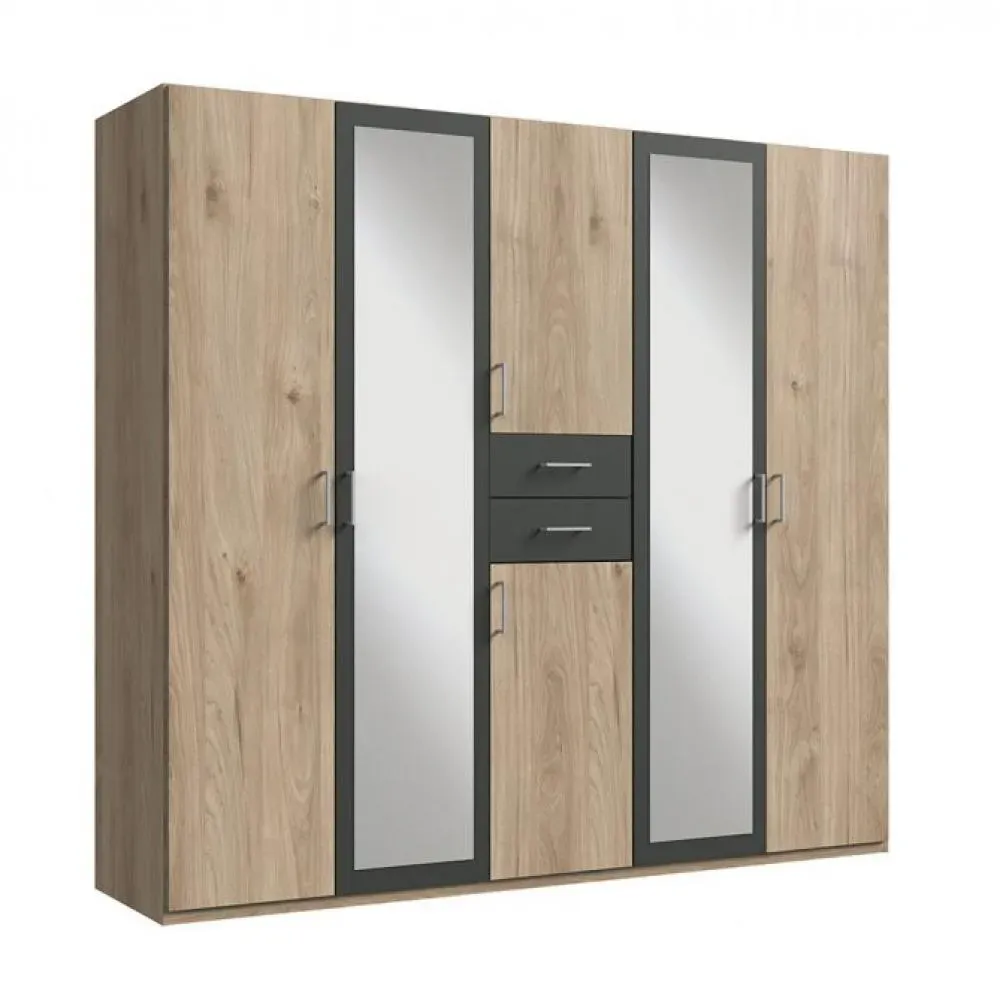 Armoire 4 portes chênes 2 portes miroirs DIVER 225 cm 2 tiroirs graphites